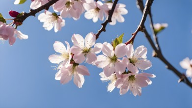 Blooming cherry blossoms with soft pink petals against a clear blue sky, with delicate sunlight