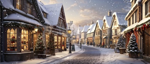 Wintery street scene in a small village with snow-covered rooftops in a warm golden light streaming