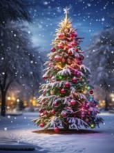 Beautifully decorated Christmas tree standing in an outdoor park covered in glistening snow, AI