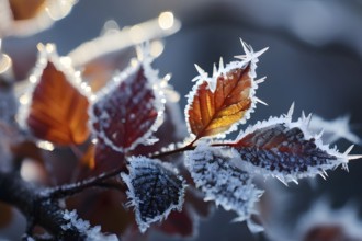 Detailed close-up of frost patterns on colored autumn leaves, AI generated