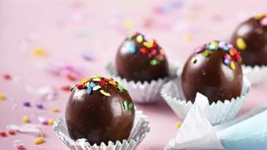 Small chocolate Easter eggs wrapped in shiny foil, placed on a bed of shredded pastel-colored