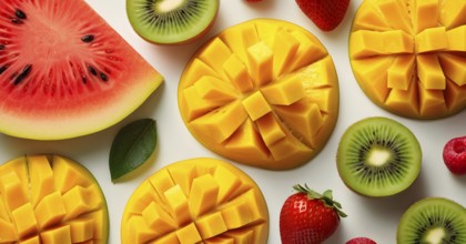 Colorful and artfully arranged slices of fruits like mangoes, strawberries, and kiwi, AI generated