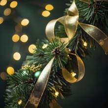 Christmas garland with golden ribbons intertwined with pine needles and tiny twinkling lights,