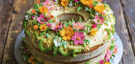 Decorated Easter cake with intricate icing flowers and colorful sprinkles, placed on a rustic