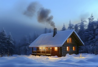 Peaceful winter cabin in the woods, with smoke rising from the chimney, AI generated