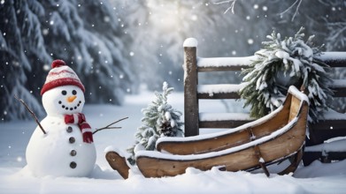 Rustic wooden sleds with frost covered branches and a snowman in the background, AI generated