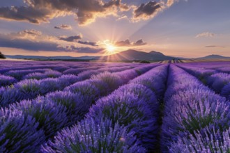 Lavender field (Lavendula) in full bloom on a summer evening, at sunset AI generated, AI generated,