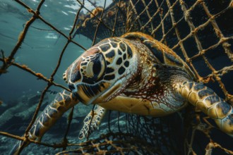 A sea turtle, hawksbill turtle caught in a fishing net, symbolic image for endangered species,