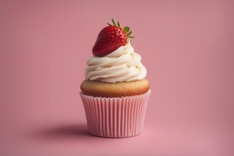 Single strawberry fruit cupcake with frosting on pastel pink colored background. Generative AI, AI