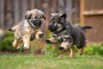 Two young Anatolian shepherd pups playing and jumping in the grass, AI generated