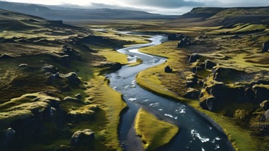 Aerial view of a meandering river winding through a nordic landscape, AI generated