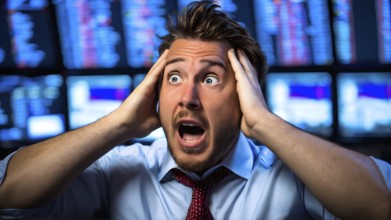 Stock trader in stress and panic in a market crash, AI generated