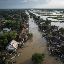 Aerial view showcases the extensive demolition within a village in massive water flood, AI