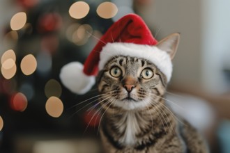 Cute cat with red santa hat in front of blurry christmas tree Generative Ai, AI generated