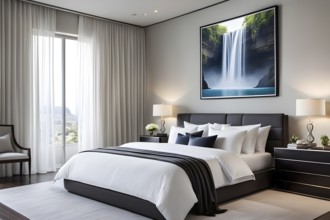 Empty modern bedroom with a large, plush bed covered in white linens, a single framed artwork on