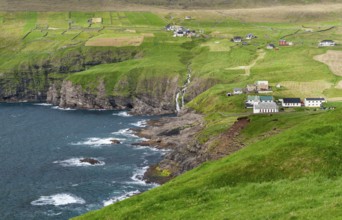 Fields and village on rocky coast, Vidareidi, Vidoy Island, Viðareiði, Viðoy Island, Faroe Islands,