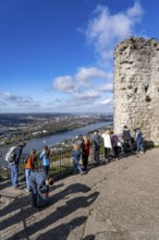 View from the ruins of Drachenfels Castle, on the Rhine towards Bonn, tourists, the Drachenfels is