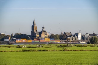 Skyline of Emmerich, on the Lower Rhine, St Martini Church, pastures on the left bank of the Rhine,