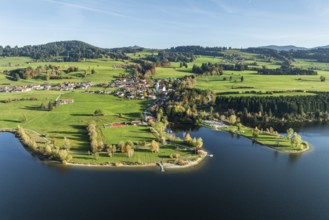 Sports facility and bathing area, lake Rottachsee, village Petersthal, autumn, aerial view,