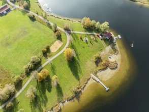 Sports facility and bathing area, lake Rottachsee, at village Petersthal, autumn, aerial view,