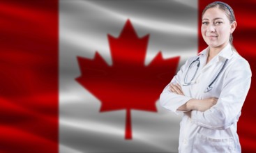 Female doctor on Canada flag. Doctor with crossed arms on Canada flag. Canada Health and Care