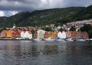 Bergen, Hordaland, Norway, Traditional colourful wooden houses in the Bryggen harbour district,