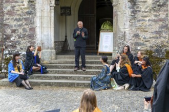 Satish Kumar speaking at graduation event, Schumacher College, Dartington Hall estate, Totnes,