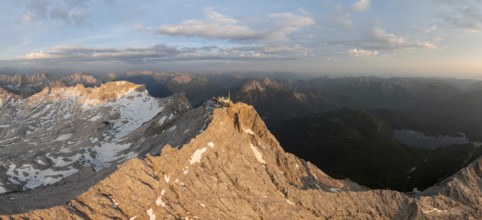 Sunrise, Alpine panorama, aerial view, Zugspitze and Zugspitzplatt with glacier, high mountains,