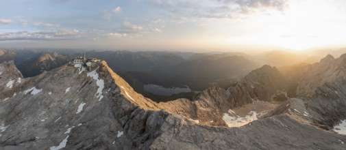 Sunrise, Alpine panorama, aerial view, Zugspitze, high mountains, Bavaria, Germany, Europe