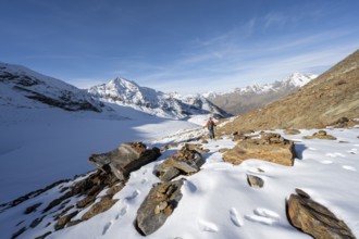 Mountaineer on a hiking trail with snow, descent from Ramoljoch at Spiegelferner, autumnal mountain