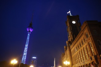 Festival of Lights, illuminated television tower at the Rotes Rathaus, Berlin, 07.10.2024., Berlin,