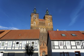 Towers of St Peter's Church, Hanseatic town of Seehausen, Altmark, Saxony-Anhalt, Germany, Europe