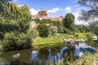 City moat and the Havelberg Cathedral of St Mary, Havelberg, Saxony-Anhalt, Germany, Europe