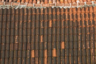 High angle view of weathered traditional terracotta clay roof tiles in late summer, Old Town of