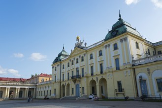 Baroque palace with green domes and blue sky, elegant historical architecture, Branicki Palace,