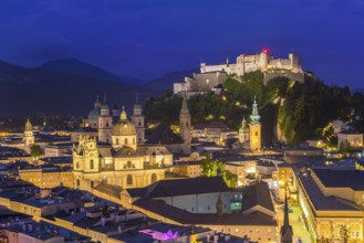 Salzburg by night with the imposing Hohensalzburg Fortress and an impressive panorama, Salzburg,