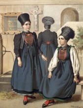 Traditional costumes in Germany around 1820, Vorarlberg, Montafon, Three woman in Tyrolean costumes