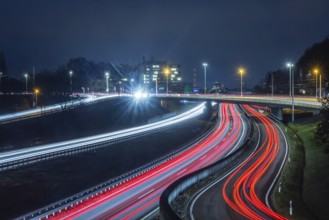 Multi-lane road at night. B10 federal road in Esslingen, Baden-Württemberg, Germany, Europe