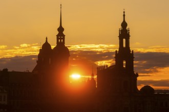 Sunset over Dresden's historic city centre with Ständehaus, Georgentor, Residenzschloss and