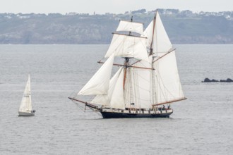 Large old traditional sailing boat in a bay on the Atlantic. Camaret sur mer, Crozon, Finistere,