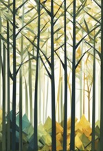 Abstract illustration of a forest with tall, geometric trees made of wind turbine blades, merging