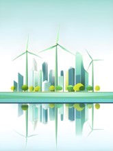 Abstract visual illustration of a city skyline where buildings morph into wind turbines and tree,