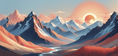 Minimalist landscape with stylized mountains and a setting sun, represented by simple geometric