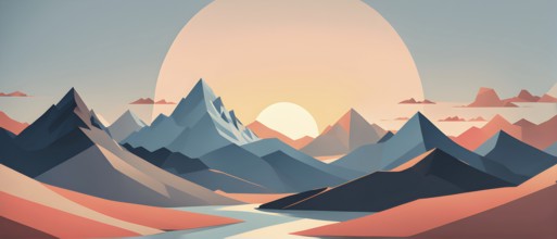 Minimalist landscape with stylized mountains and a setting sun, represented by simple geometric