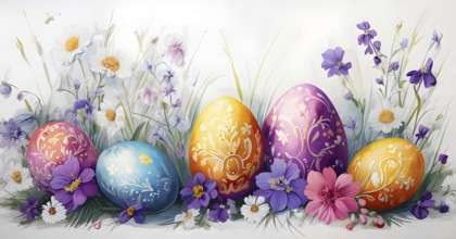 Abstract illustration of of vibrant-colored Easter eggs, surrounded by delicate spring flowers, AI