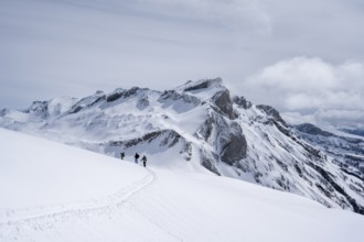 Group of lonely ski tourers in a snowy mountain landscape, mountain peak Sex des Molettes in the