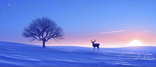 Abstract minimalist winter scene with a single, sharp silhouette of a deer and of a snow-covered