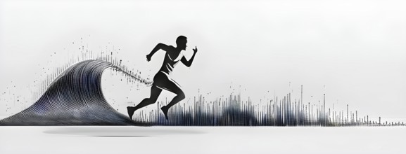 Wave of data points shaping into a runners silhouette, abstract illustration in black and white,