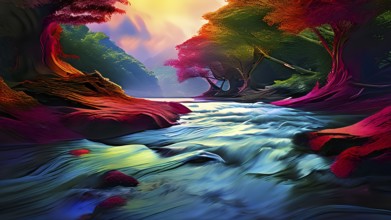 AI generated painting of a surreal landscape with digital brush strokes intertwining with