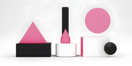 Minimalist illustration abstract geometric shapes with pink color accent suggesting fun and ease,